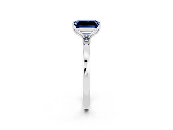 White gold Emerald Cut Blue Sapphire Solitaire Ring with Thin Band and Prong Setting