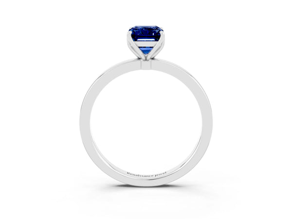 Silver Emerald Cut Blue Sapphire Solitaire Ring with Thin Band and Prong Setting