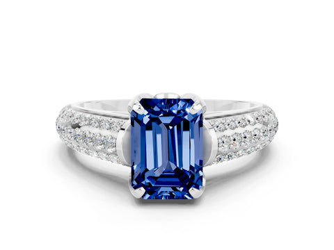 White gold Emerald Cut Blue Sapphire Solitaire Ring with Three-Row Pavé Band and Four-Prong Setting_12