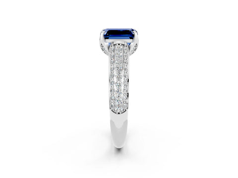 White gold Emerald Cut Blue Sapphire Solitaire Ring with Three-Row Pavé Band and Four-Prong Setting_14