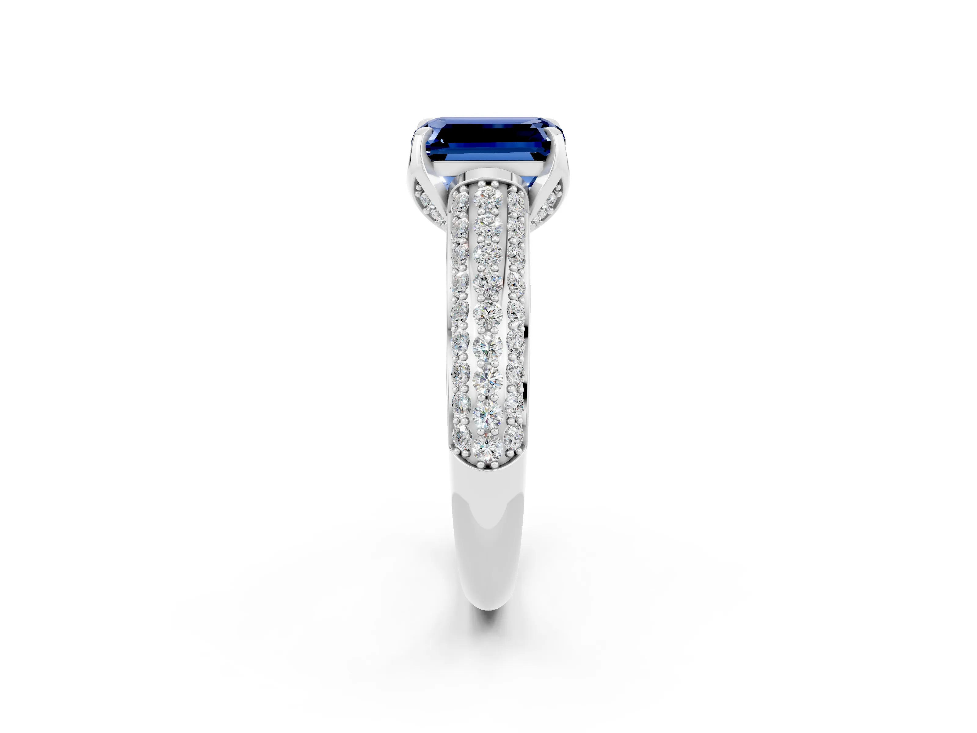 White gold Emerald Cut Blue Sapphire Solitaire Ring with Three-Row Pavé Band and Four-Prong Setting_14