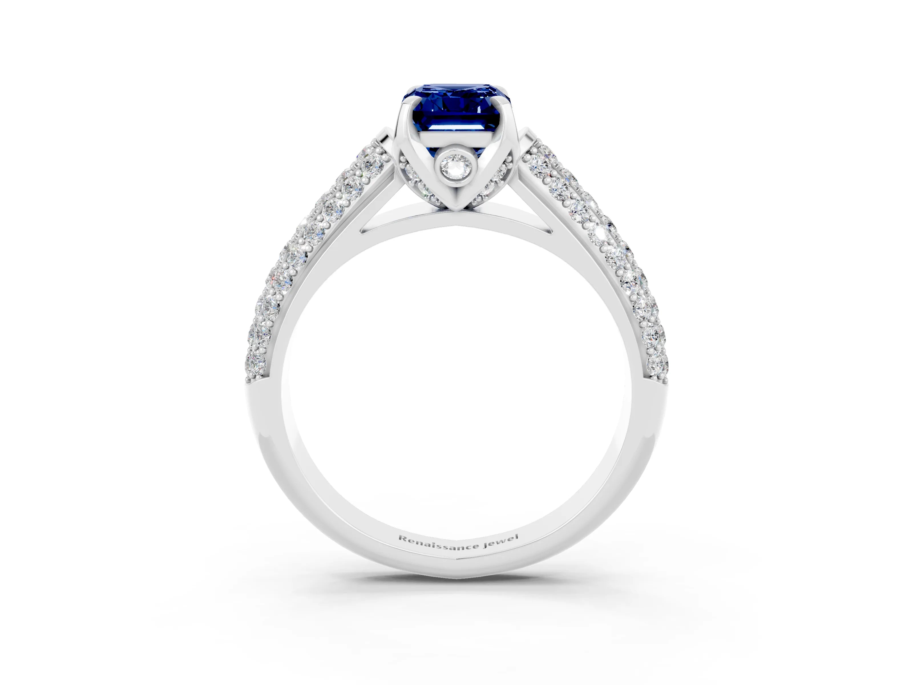 White gold Emerald Cut Blue Sapphire Solitaire Ring with Three-Row Pavé Band and Four-Prong Setting_15