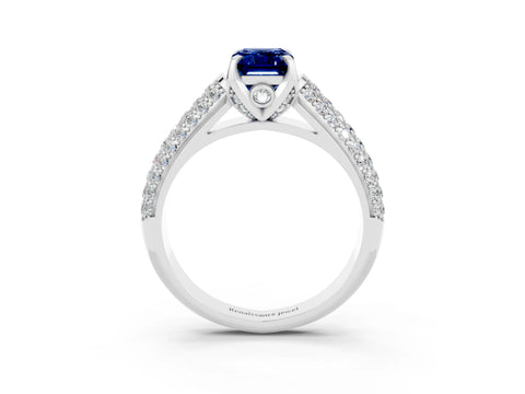 White gold Emerald Cut Blue Sapphire Solitaire Ring with Three-Row Pavé Band and Four-Prong Setting_15