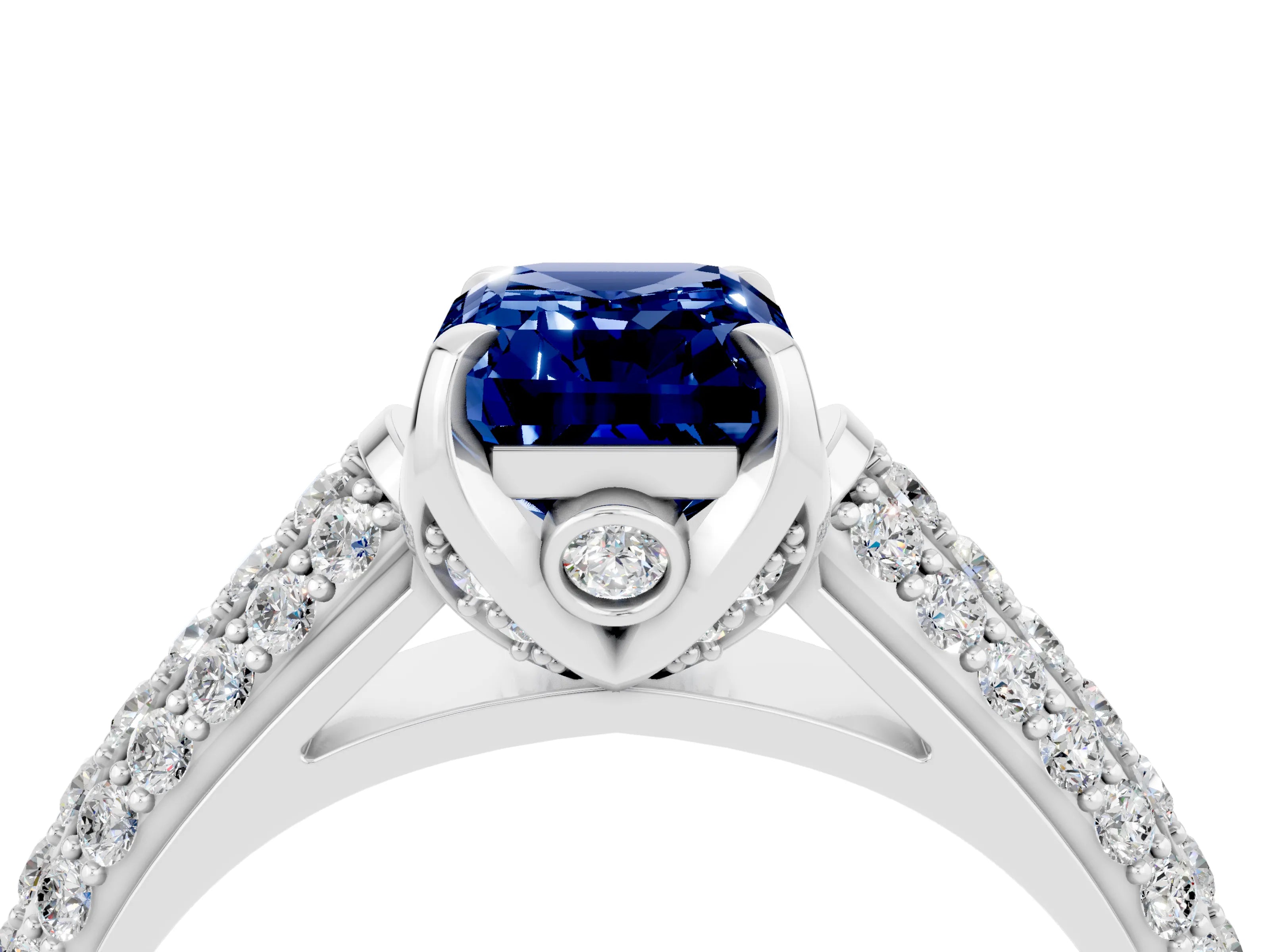 White gold Emerald Cut Blue Sapphire Solitaire Ring with Three-Row Pavé Band and Four-Prong Setting_16
