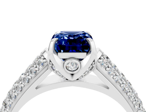 White gold Emerald Cut Blue Sapphire Solitaire Ring with Three-Row Pavé Band and Four-Prong Setting_16