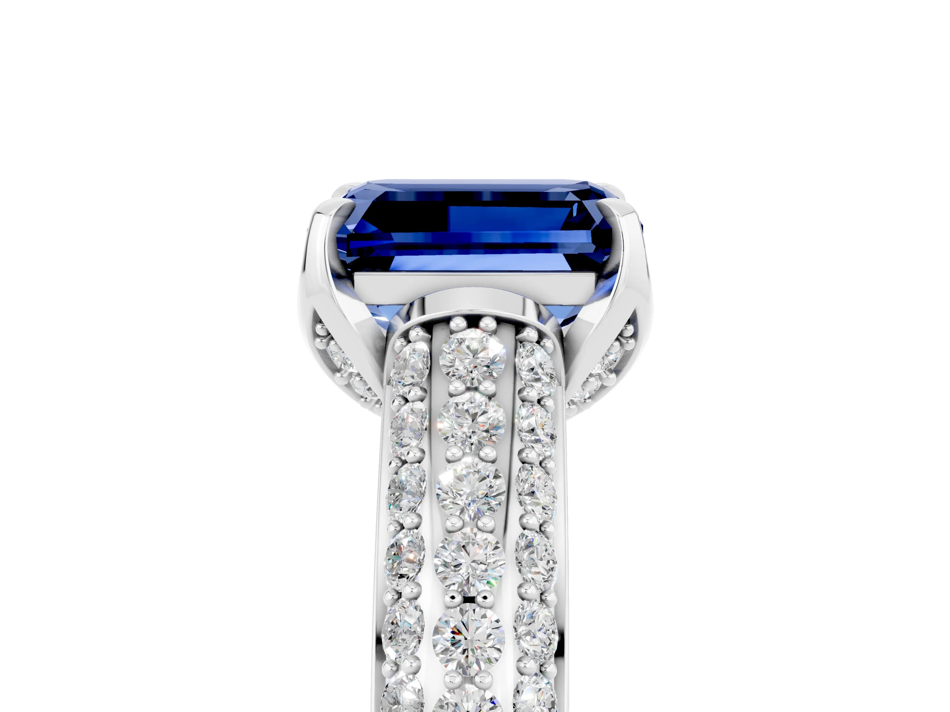 White gold Emerald Cut Blue Sapphire Solitaire Ring with Three-Row Pavé Band and Four-Prong Setting_17