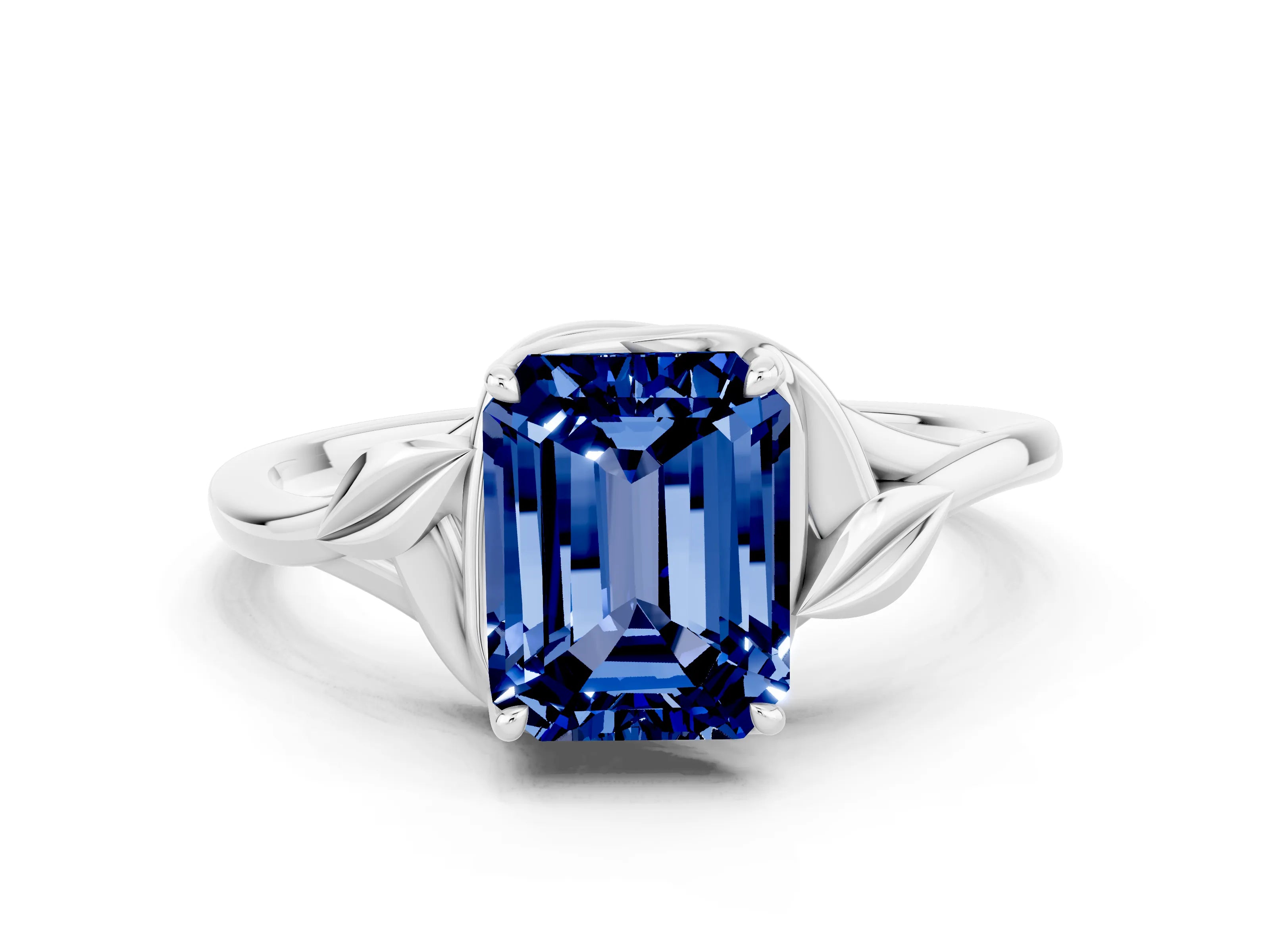 White gold Emerald Cut Blue Sapphire Solitaire Ring with Twist Band and Four-Prong Setting_12