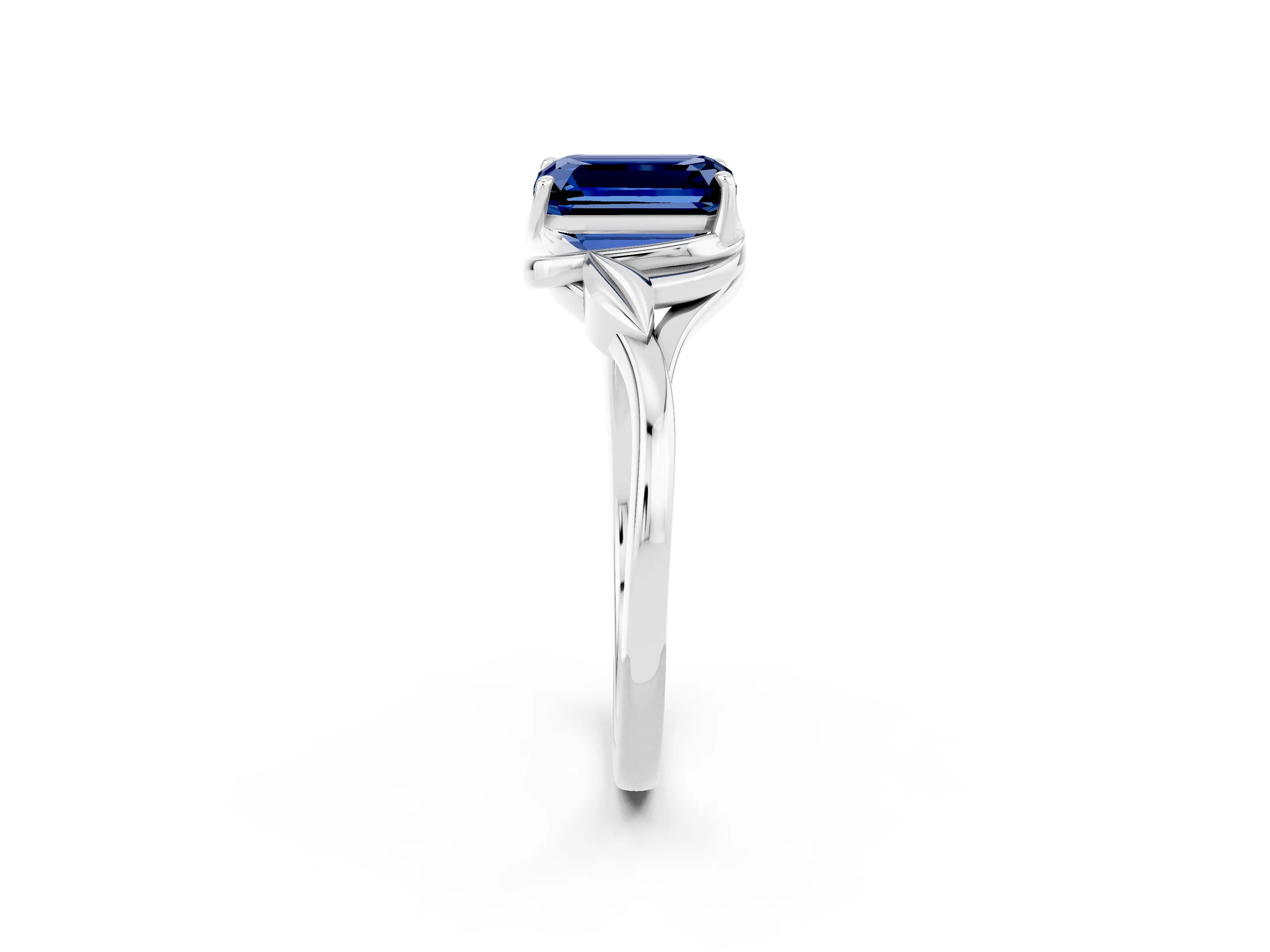 White gold Emerald Cut Blue Sapphire Solitaire Ring with Twist Band and Four-Prong Setting_14