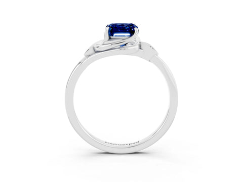 White gold Emerald Cut Blue Sapphire Solitaire Ring with Twist Band and Four-Prong Setting_15
