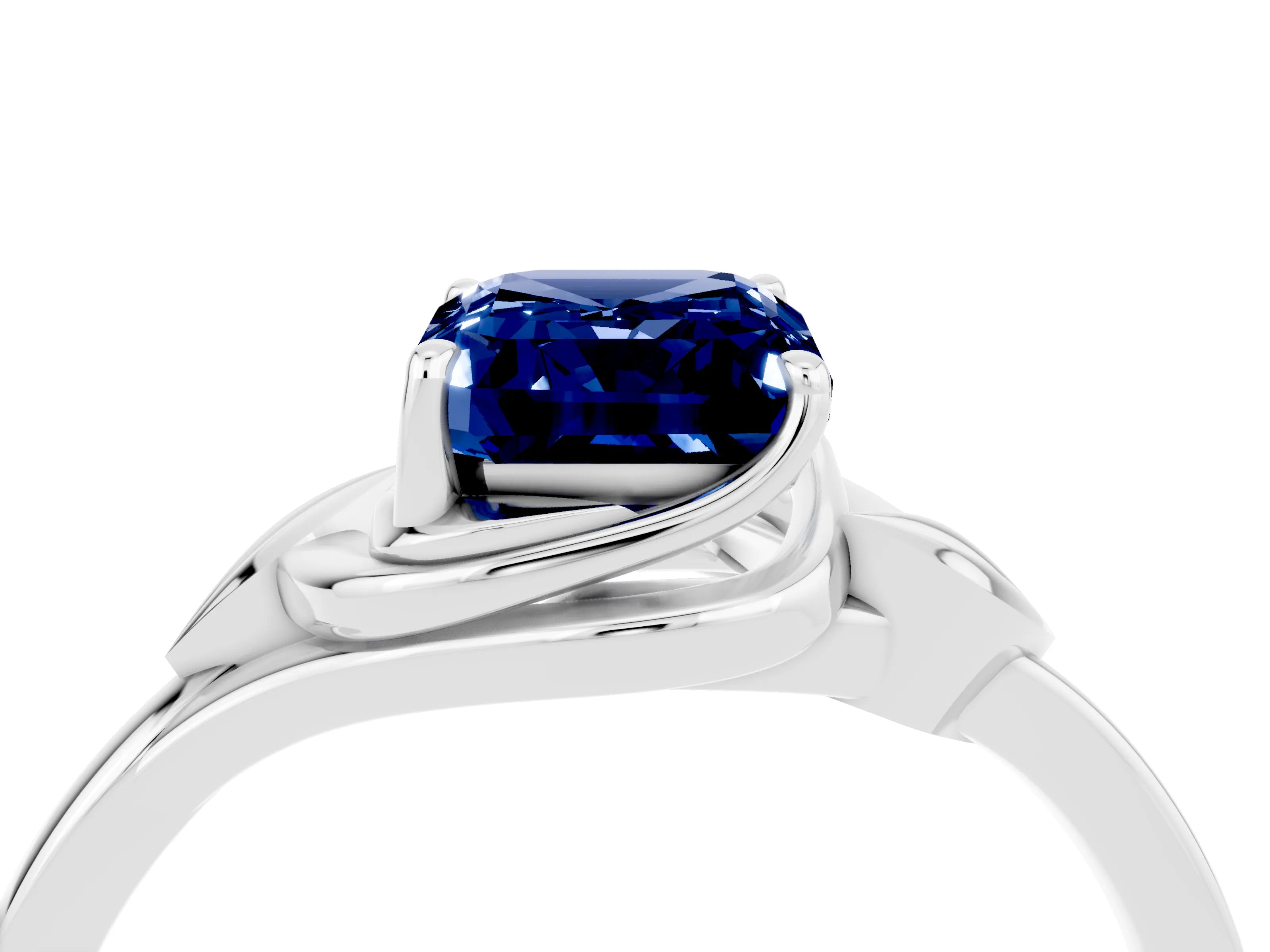 White gold Emerald Cut Blue Sapphire Solitaire Ring with Twist Band and Four-Prong Setting_16