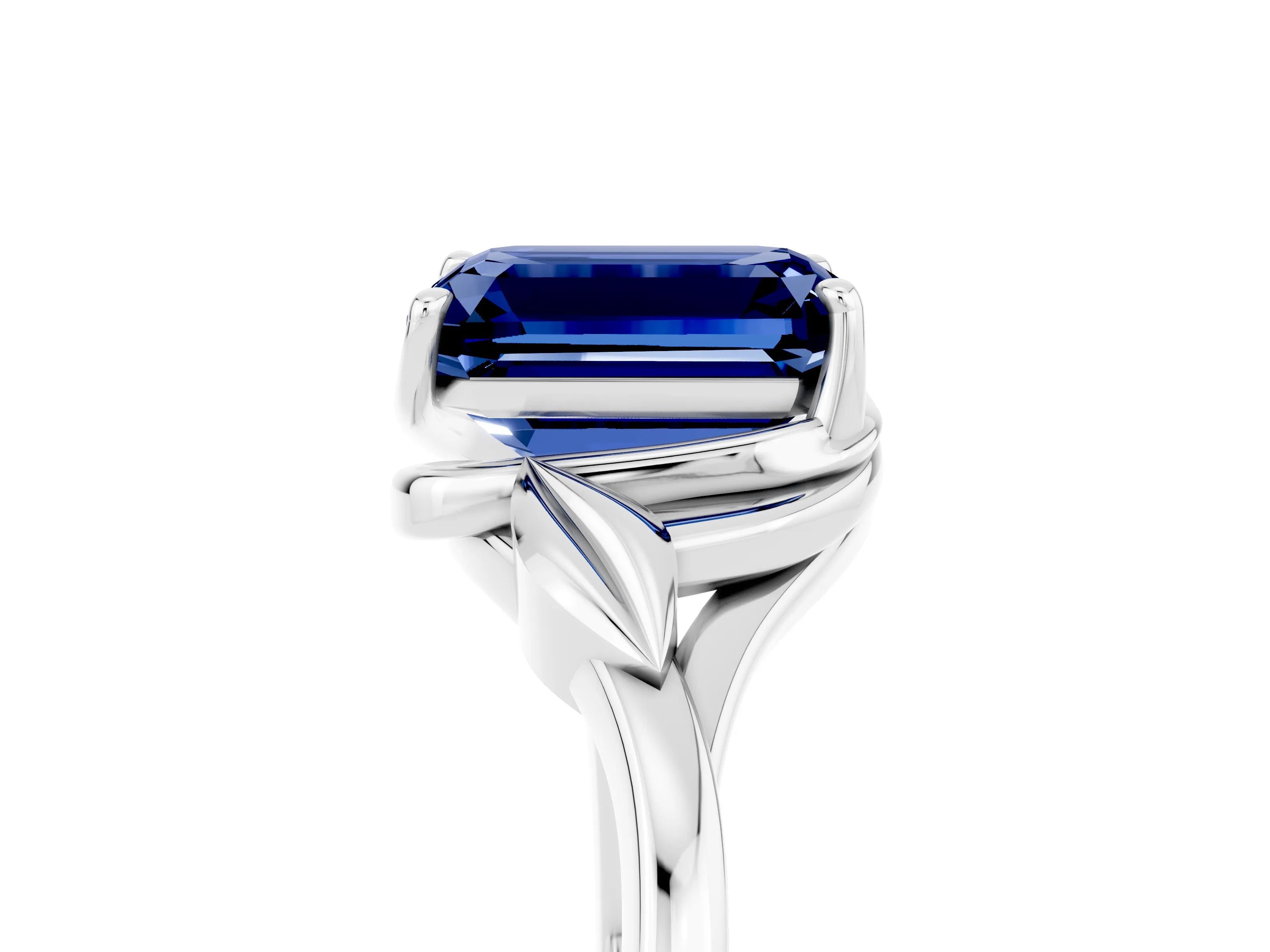 White gold Emerald Cut Blue Sapphire Solitaire Ring with Twist Band and Four-Prong Setting_17