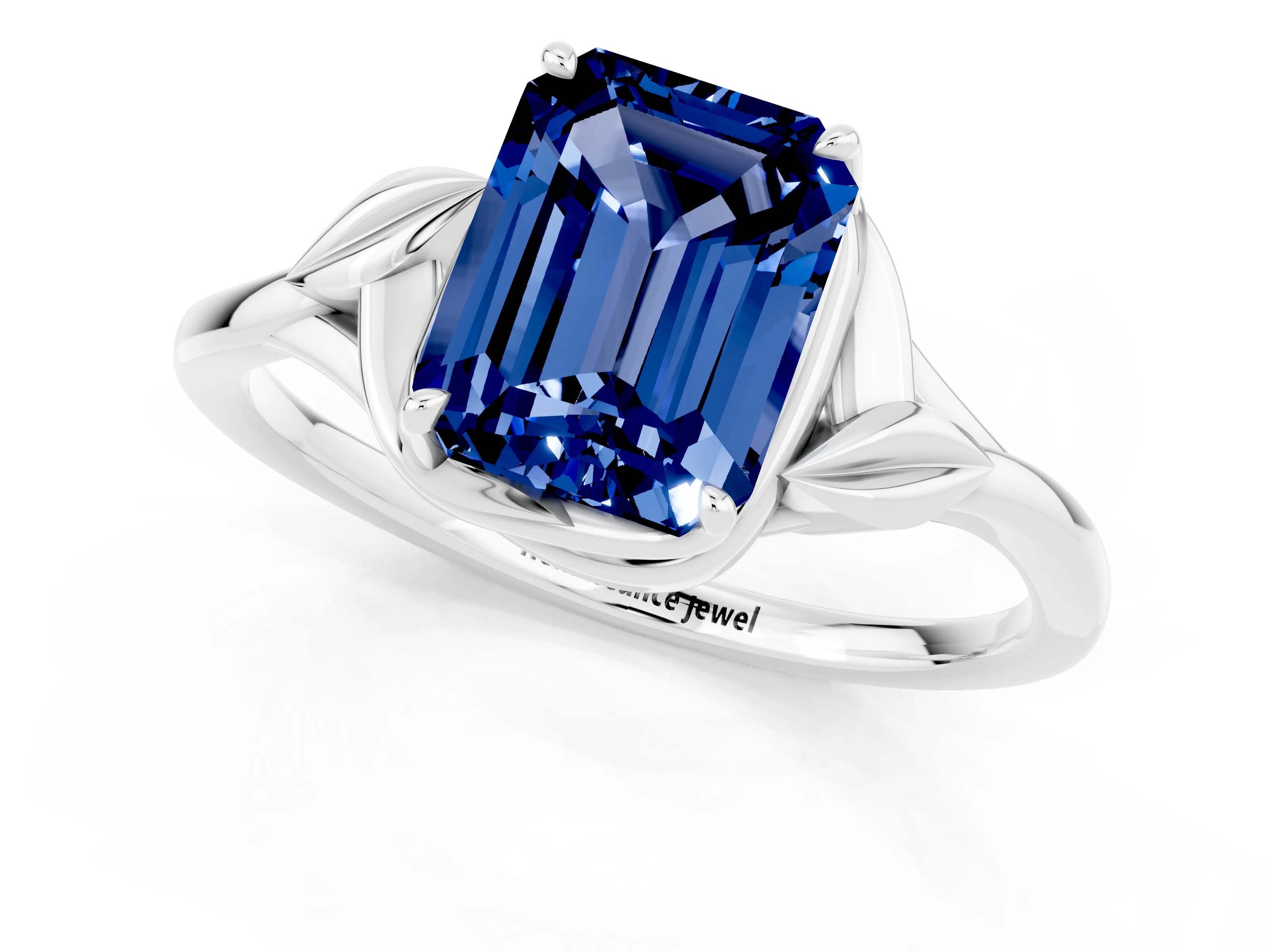 White gold Emerald Cut Blue Sapphire Solitaire Ring with Twist Band and Four-Prong Setting_37