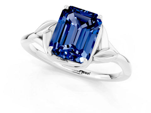 White gold Emerald Cut Blue Sapphire Solitaire Ring with Twist Band and Four-Prong Setting_37