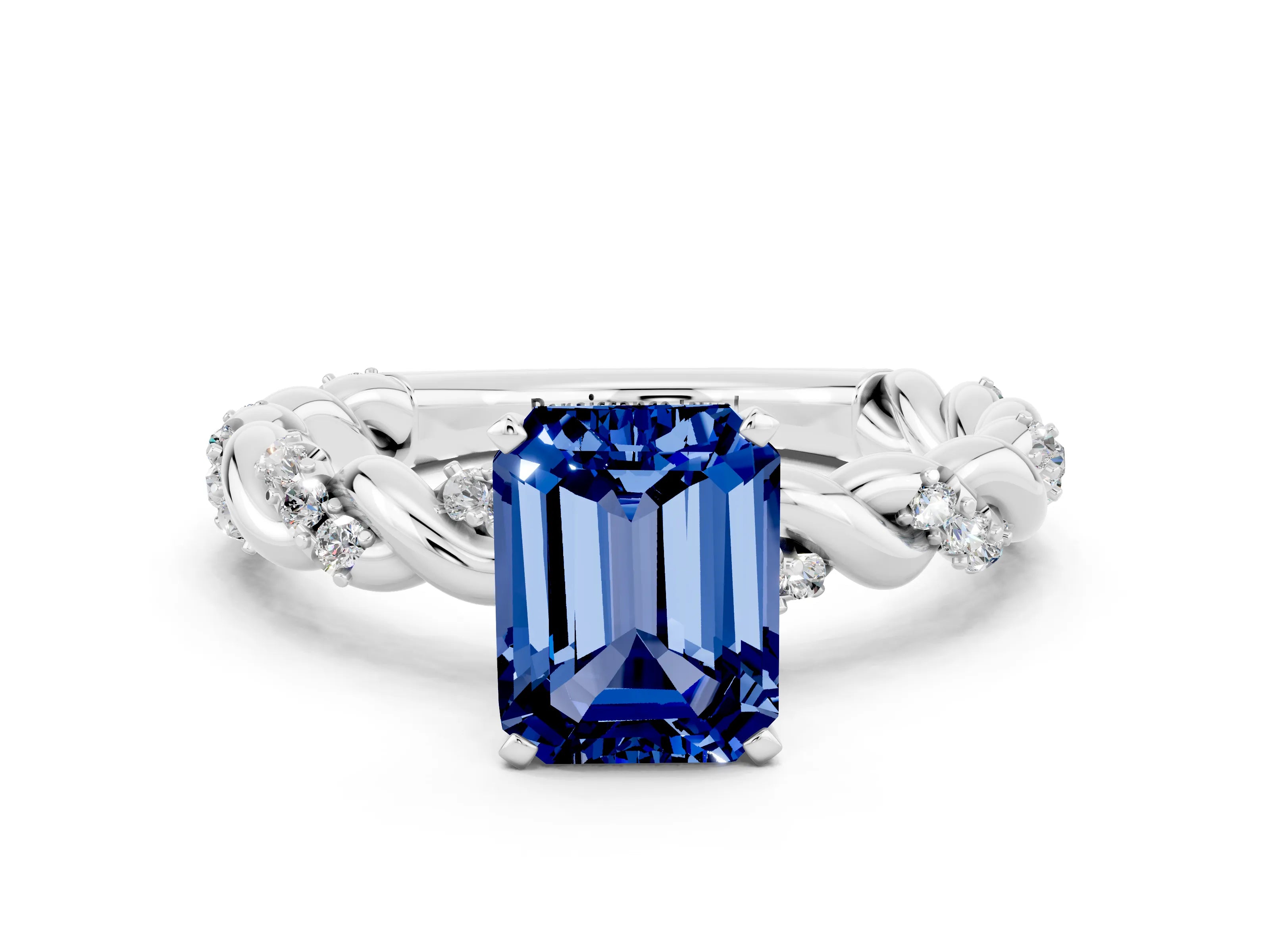 White gold Emerald Cut Blue Sapphire Solitaire Ring with Twisted Band and Pavé Accents