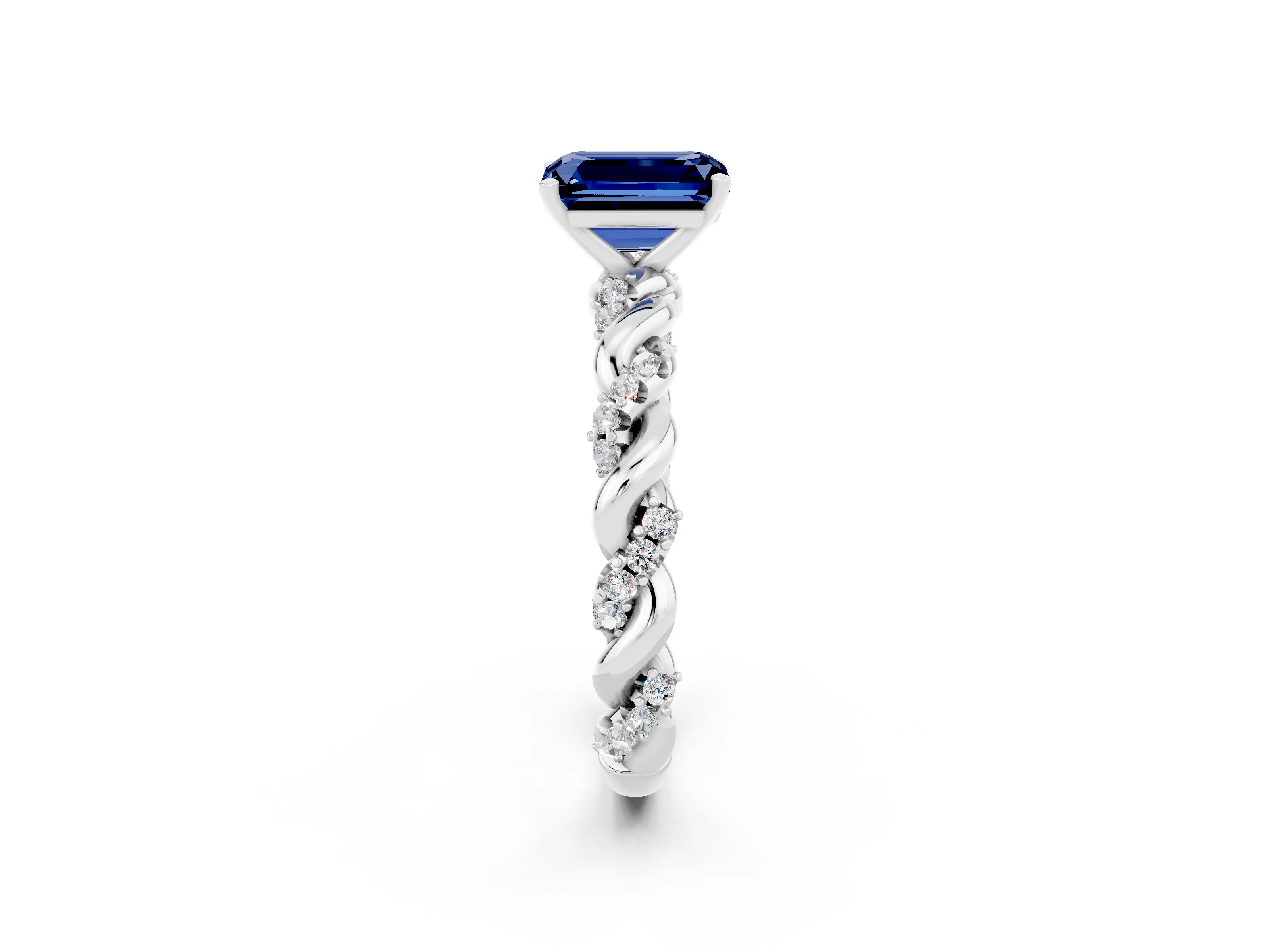 White gold Emerald Cut Blue Sapphire Solitaire Ring with Twisted Band and Pavé Accents_2