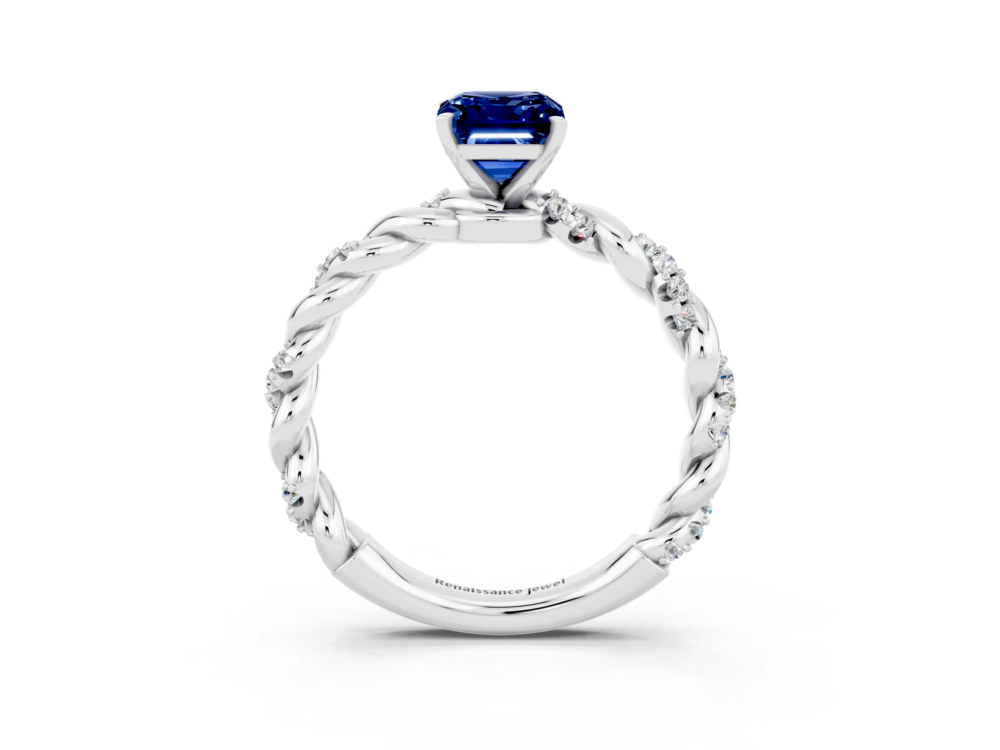 White gold Emerald Cut Blue Sapphire Solitaire Ring with Twisted Band and Pavé Accents_3