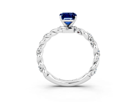 White gold Emerald Cut Blue Sapphire Solitaire Ring with Twisted Band and Pavé Accents_3