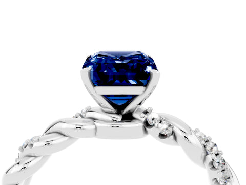 White gold Emerald Cut Blue Sapphire Solitaire Ring with Twisted Band and Pavé Accents_4