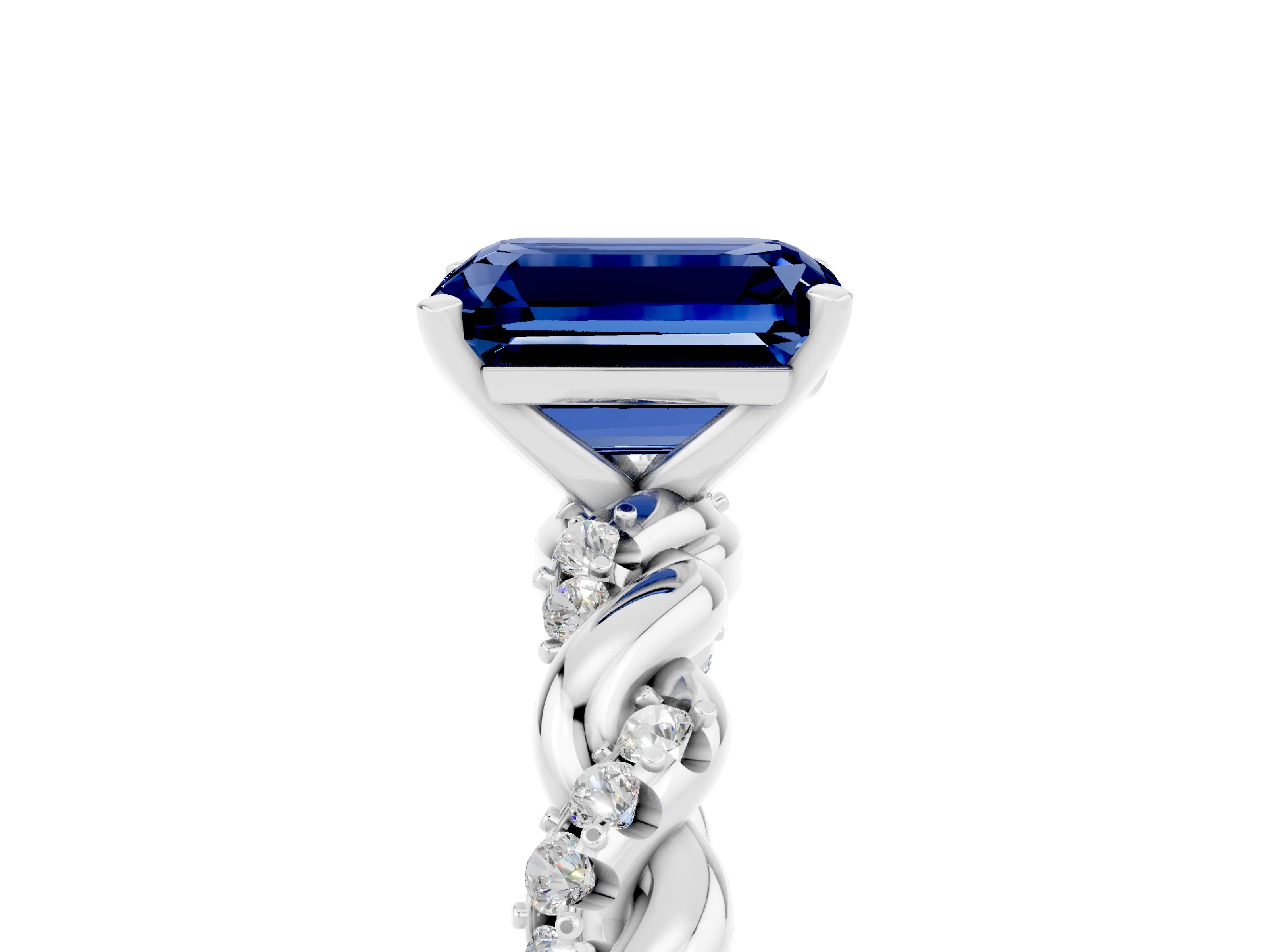 White gold Emerald Cut Blue Sapphire Solitaire Ring with Twisted Band and Pavé Accents_5