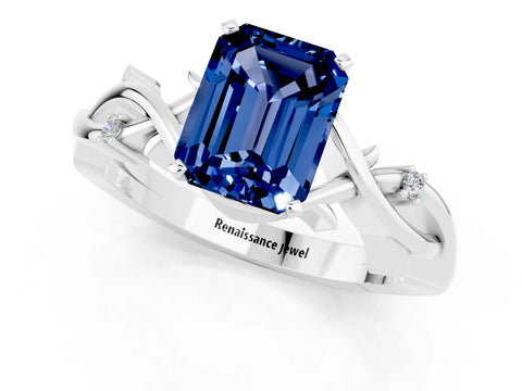 White gold Emerald Cut Blue Sapphire Solitaire Ring with Twisted Band and Prong Setting_13