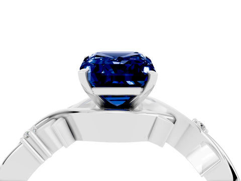 White gold Emerald Cut Blue Sapphire Solitaire Ring with Twisted Band and Prong Setting_16