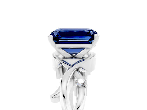 White gold Emerald Cut Blue Sapphire Solitaire Ring with Twisted Band and Prong Setting_17