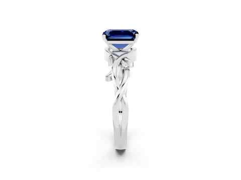 White gold Emerald Cut Blue Sapphire Solitaire Ring with Twisted Band and Prong Setting_2