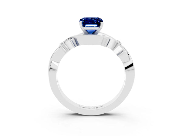Platinum Emerald Cut Blue Sapphire Solitaire Ring with Twisted Band and Prong Setting