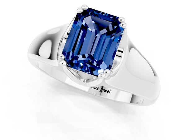 Silver Emerald Cut Blue Sapphire Solitaire Ring with Wide Band and Prong Setting