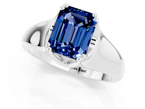 White gold Emerald Cut Blue Sapphire Solitaire Ring with Wide Band and Prong Setting_1