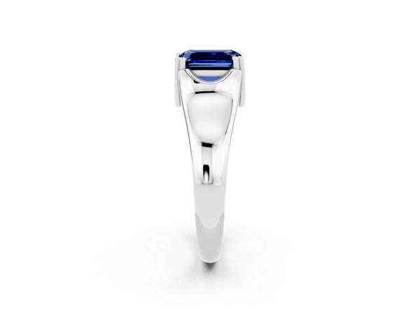 Silver Emerald Cut Blue Sapphire Solitaire Ring with Wide Band and Prong Setting