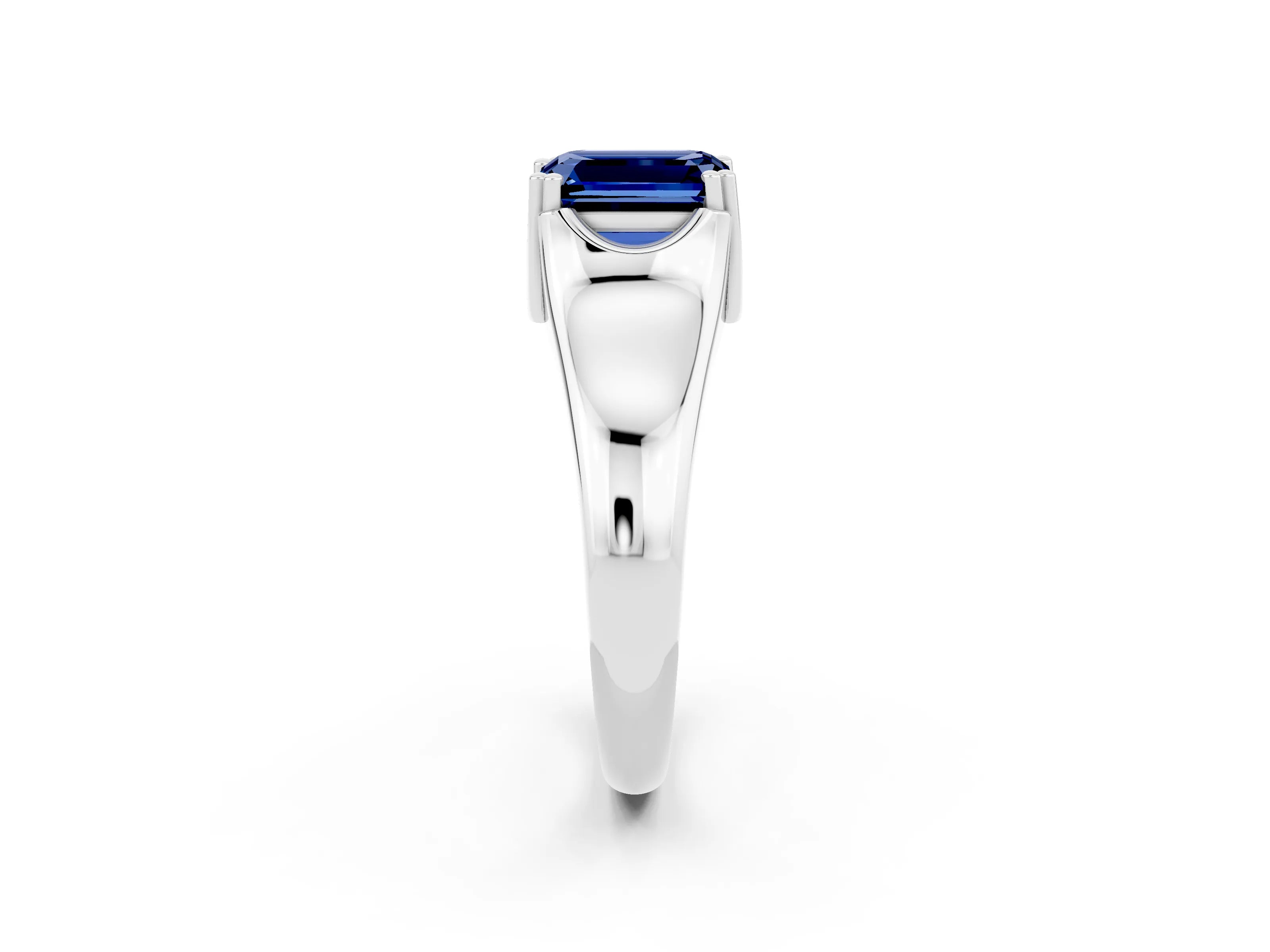 White gold Emerald Cut Blue Sapphire Solitaire Ring with Wide Band and Prong Setting_2