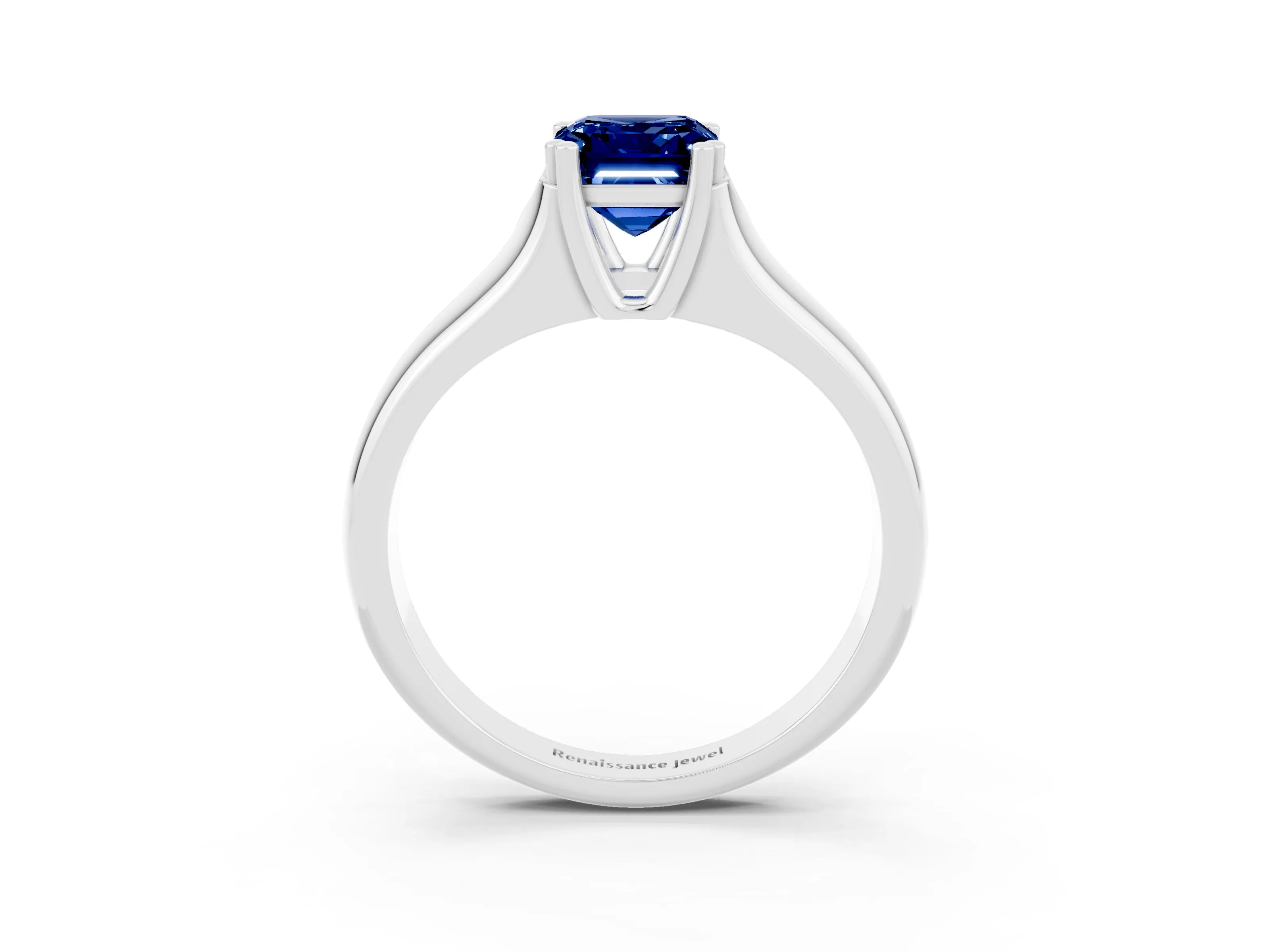 White gold Emerald Cut Blue Sapphire Solitaire Ring with Wide Band and Prong Setting_3