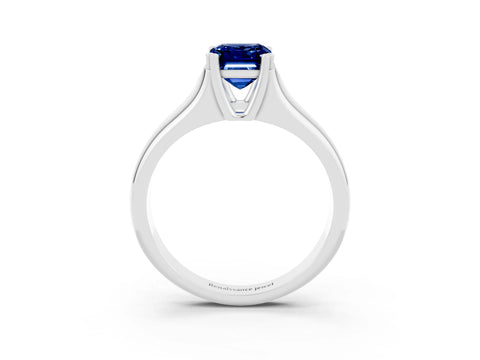 White gold Emerald Cut Blue Sapphire Solitaire Ring with Wide Band and Prong Setting_3