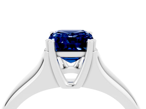 White gold Emerald Cut Blue Sapphire Solitaire Ring with Wide Band and Prong Setting_4