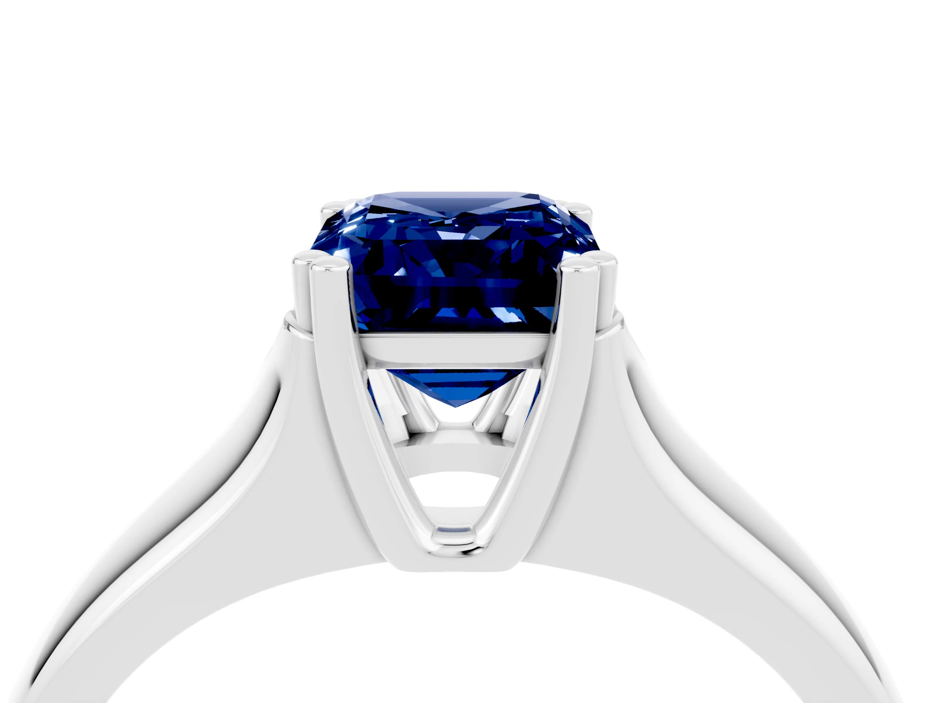 White gold Emerald Cut Blue Sapphire Solitaire Ring with Wide Band and Prong Setting_4