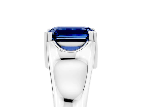 White gold Emerald Cut Blue Sapphire Solitaire Ring with Wide Band and Prong Setting_5