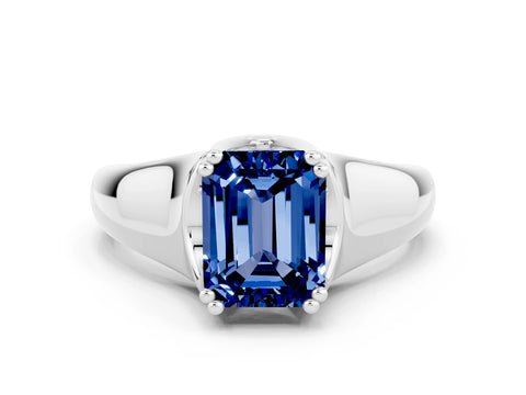 White gold Emerald Cut Blue Sapphire Solitaire Ring with Wide Band and Prong Setting