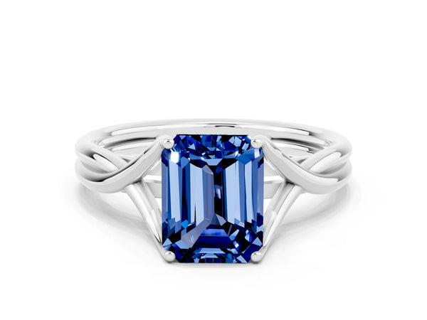 Silver Emerald Cut Blue Sapphire Solitaire Twist Band Prong Setting Ring