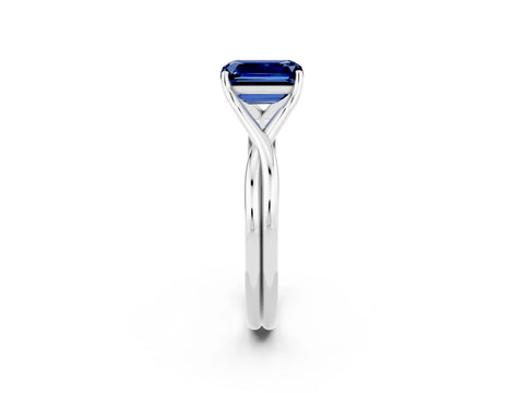 White gold Emerald Cut Blue Sapphire Solitaire Twist Band Prong Setting Ring_68