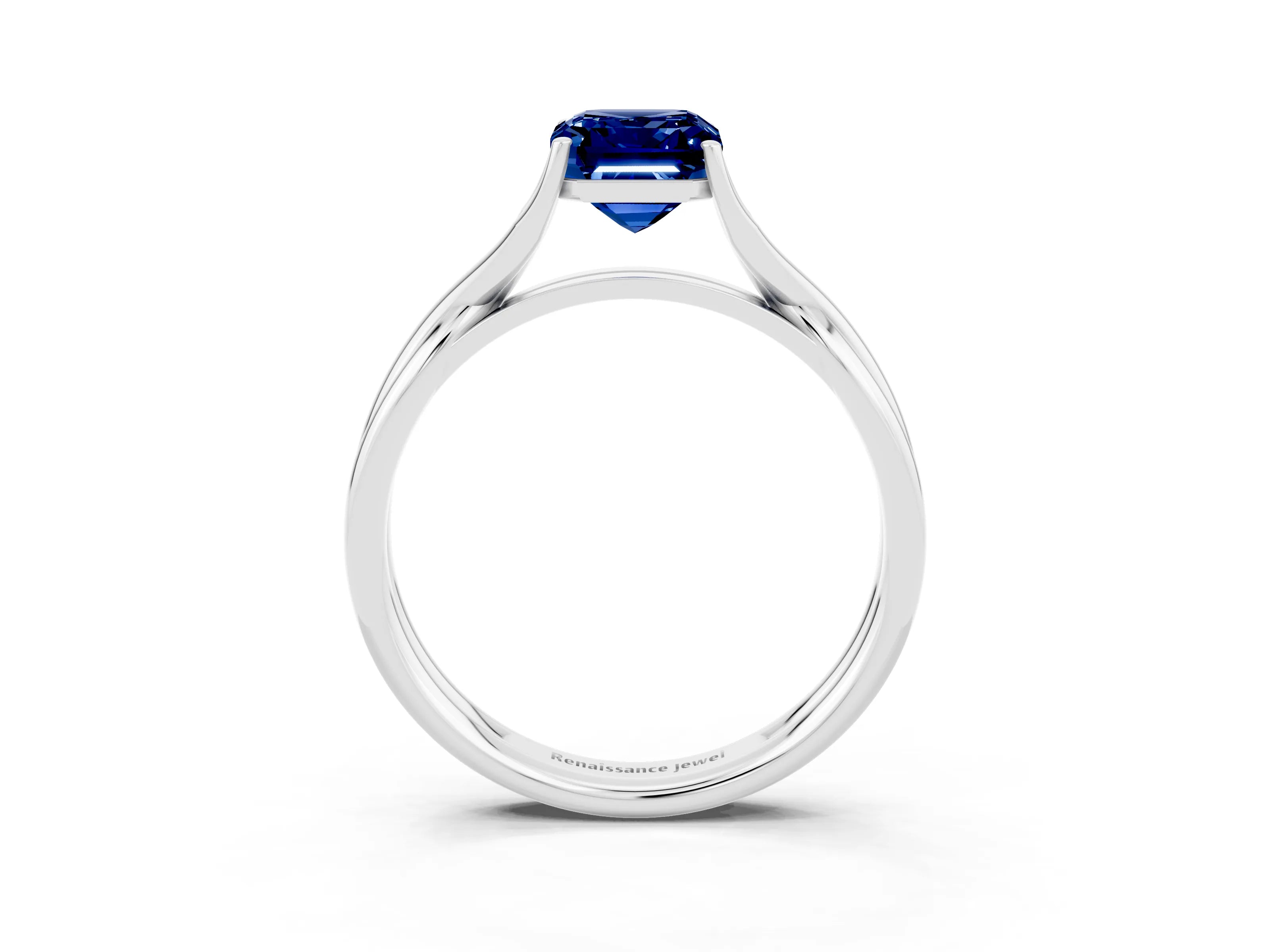 White gold Emerald Cut Blue Sapphire Solitaire Twist Band Prong Setting Ring_69