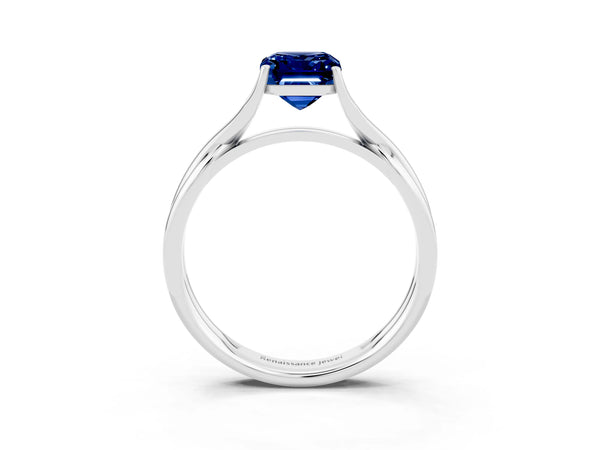 White gold Emerald Cut Blue Sapphire Solitaire Twist Band Prong Setting Ring