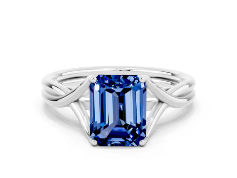 White gold Emerald Cut Blue Sapphire Solitaire Twist Band Prong Setting Ring_72