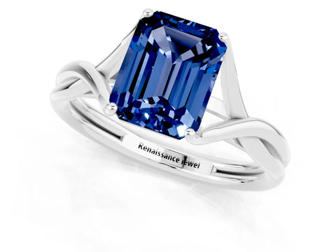 White gold Emerald Cut Blue Sapphire Solitaire Twist Band Prong Setting Ring_73
