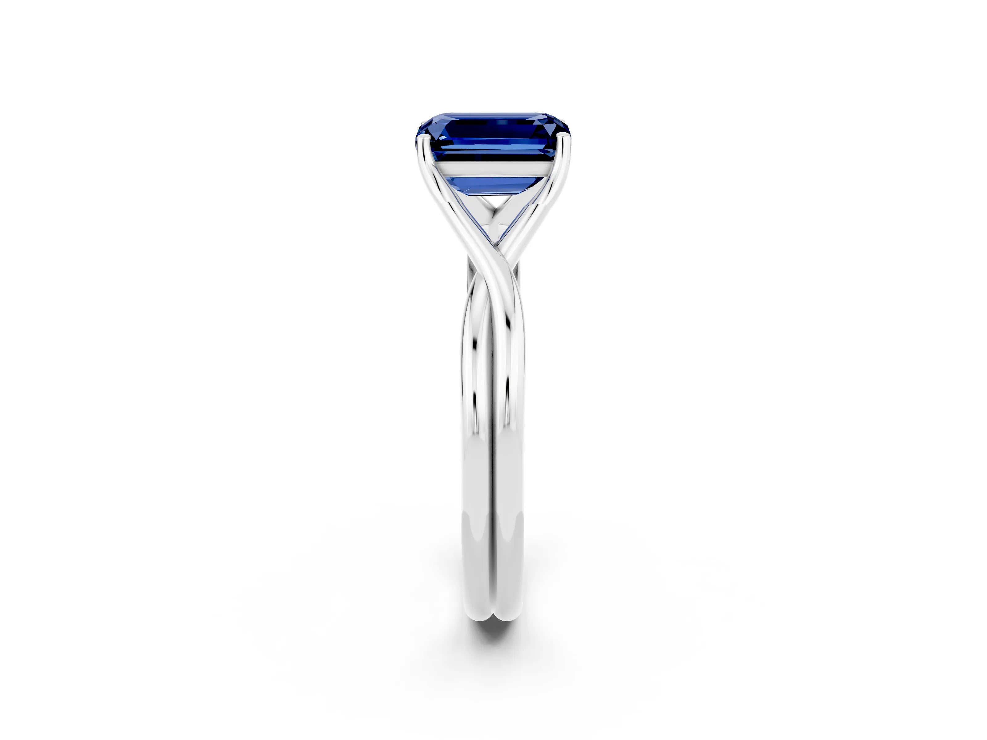 White gold Emerald Cut Blue Sapphire Solitaire Twist Band Prong Setting Ring_74
