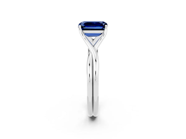 Platinum Emerald Cut Blue Sapphire Solitaire Twist Band Prong Setting Ring