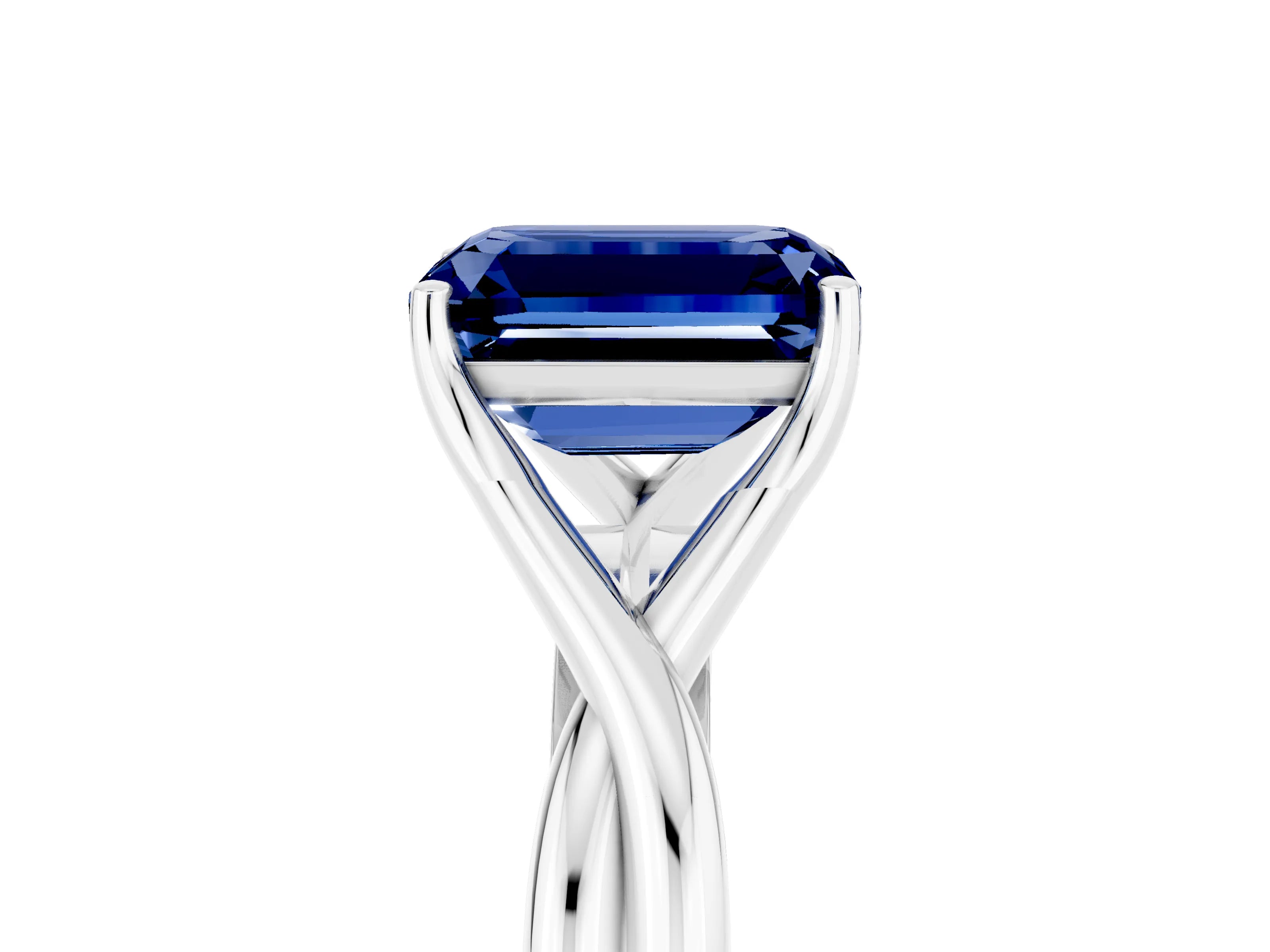 White gold Emerald Cut Blue Sapphire Solitaire Twist Band Prong Setting Ring_77