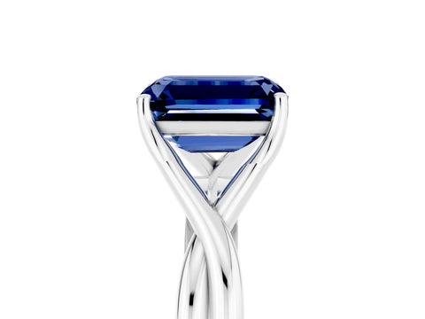 White gold Emerald Cut Blue Sapphire Solitaire Twist Band Prong Setting Ring_77