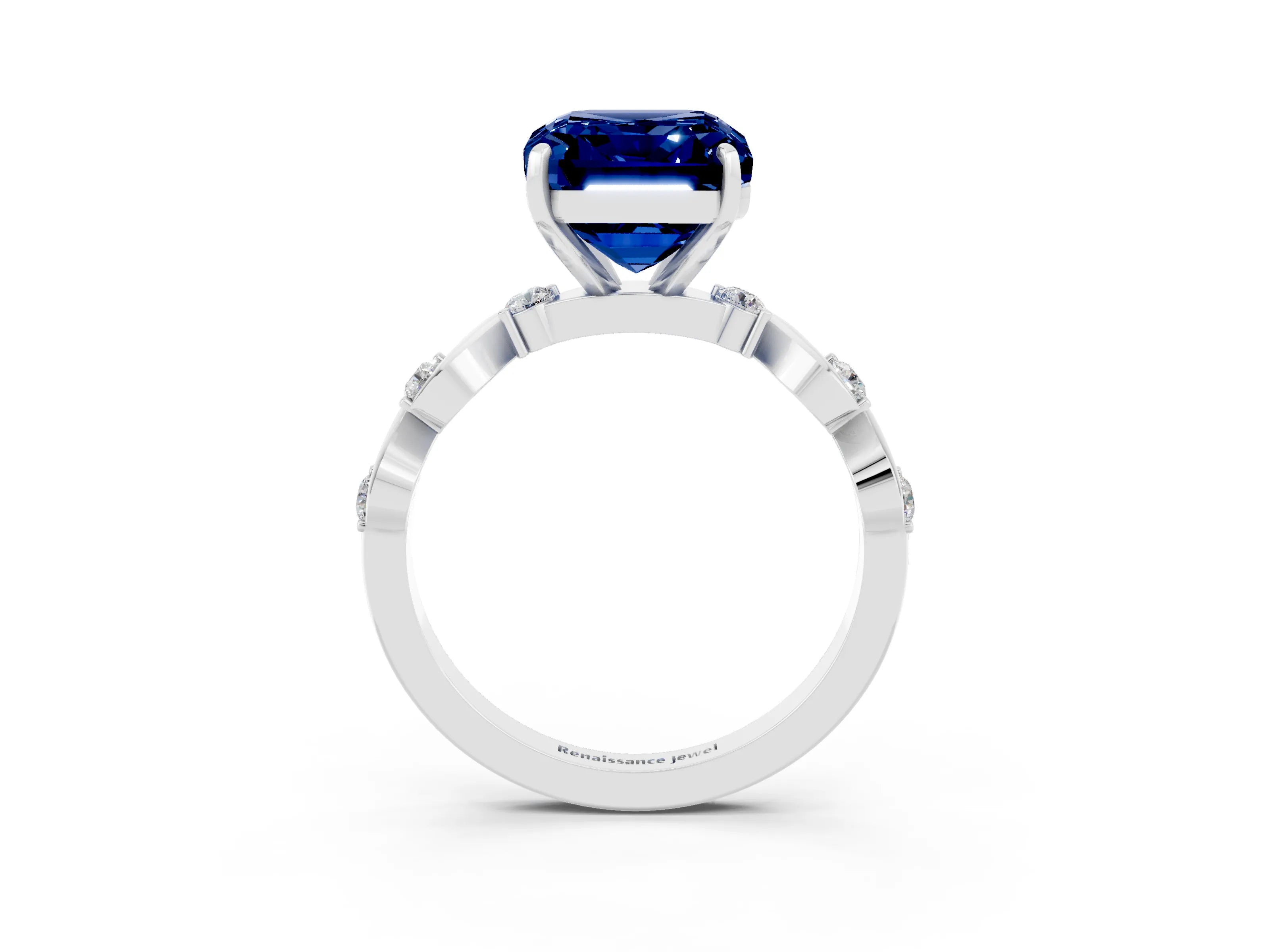 White gold Emerald Cut Blue Sapphire Solitaire Twisted Band with Round  Accents and Prong Setting_28