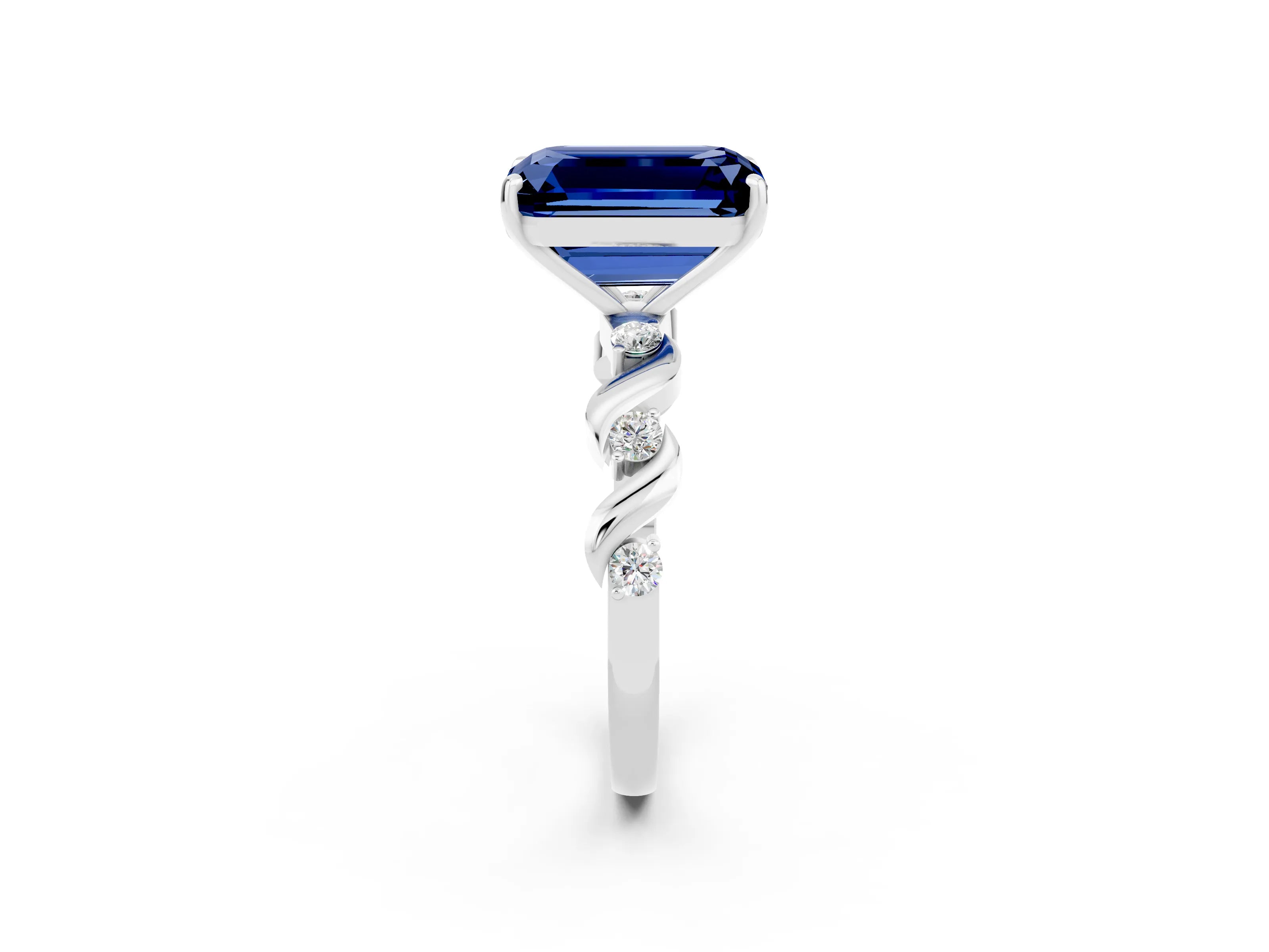 White gold Emerald Cut Blue Sapphire Solitaire Twisted Band with Round  Accents and Prong Setting_31